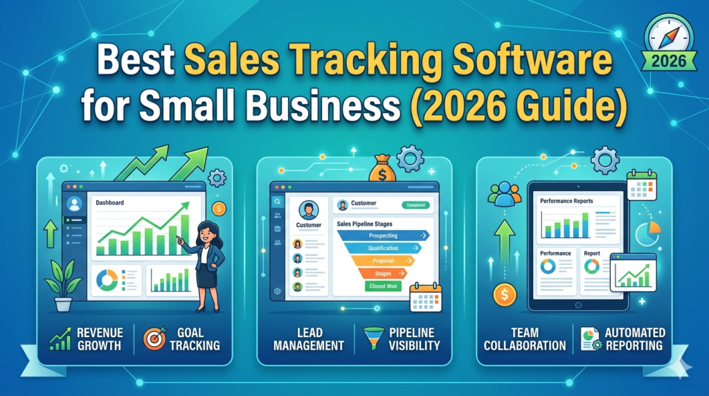 A professional blog banner for a 2026 guide featuring modern sales dashboards, growth charts, and lead management icons on a teal background.