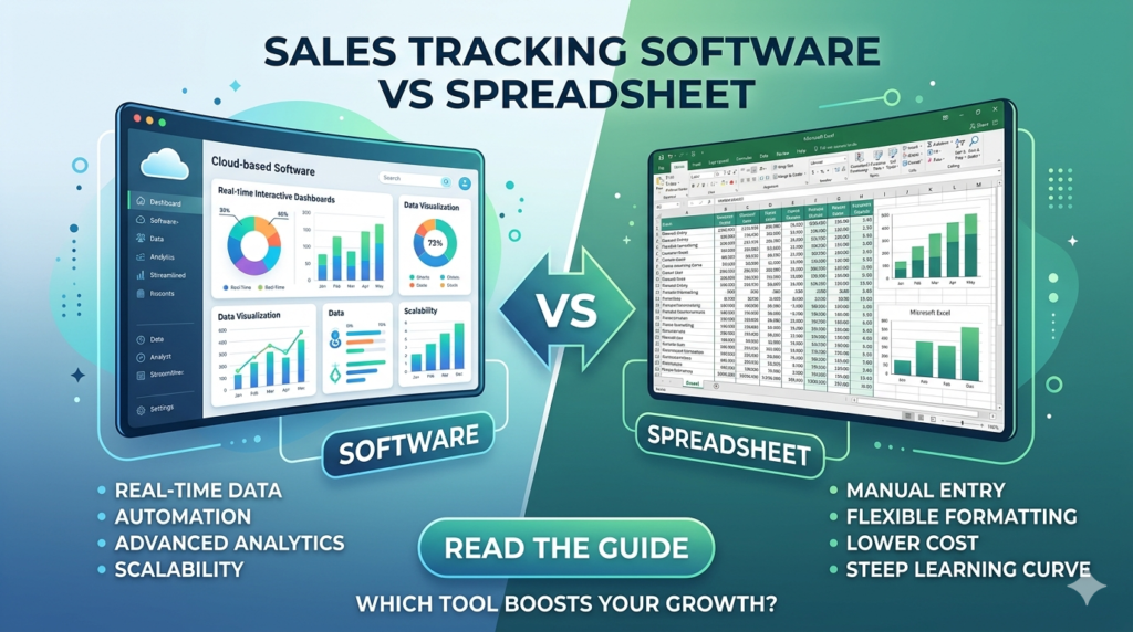 A split-screen comparison banner showing a modern cloud-based sales software dashboard with real-time analytics on the left and a traditional data spreadsheet on the right.