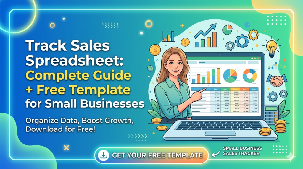 Professional blog banner featuring a smiling woman pointing to a sales tracking spreadsheet on a laptop screen with colorful data charts and a "Get Your Free Template" button.