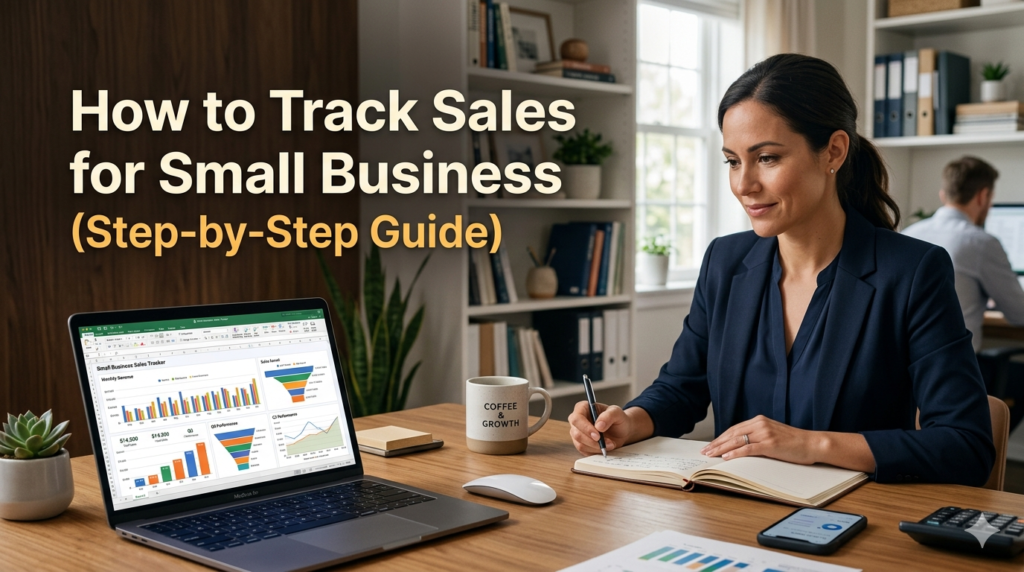 A realistic blog banner featuring a professional woman in a modern office, focused on a laptop displaying sales charts and data dashboards. On her wooden desk are a notebook, a smartphone, and a coffee mug. The text "How to Track Sales for Small Business (Step-by-Step Guide)" is prominently displayed in a bold, clean font on the left side of the image.
