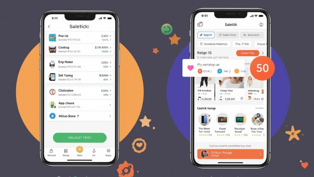 A large infographic element features a stylized iPhone (mimicking the model and design from image_0.png) with an open screen. A title reads, "iPhone: Installing Saletick via the App Store." Below the title, a bulleted list explains the process, using icons and details from the original image: